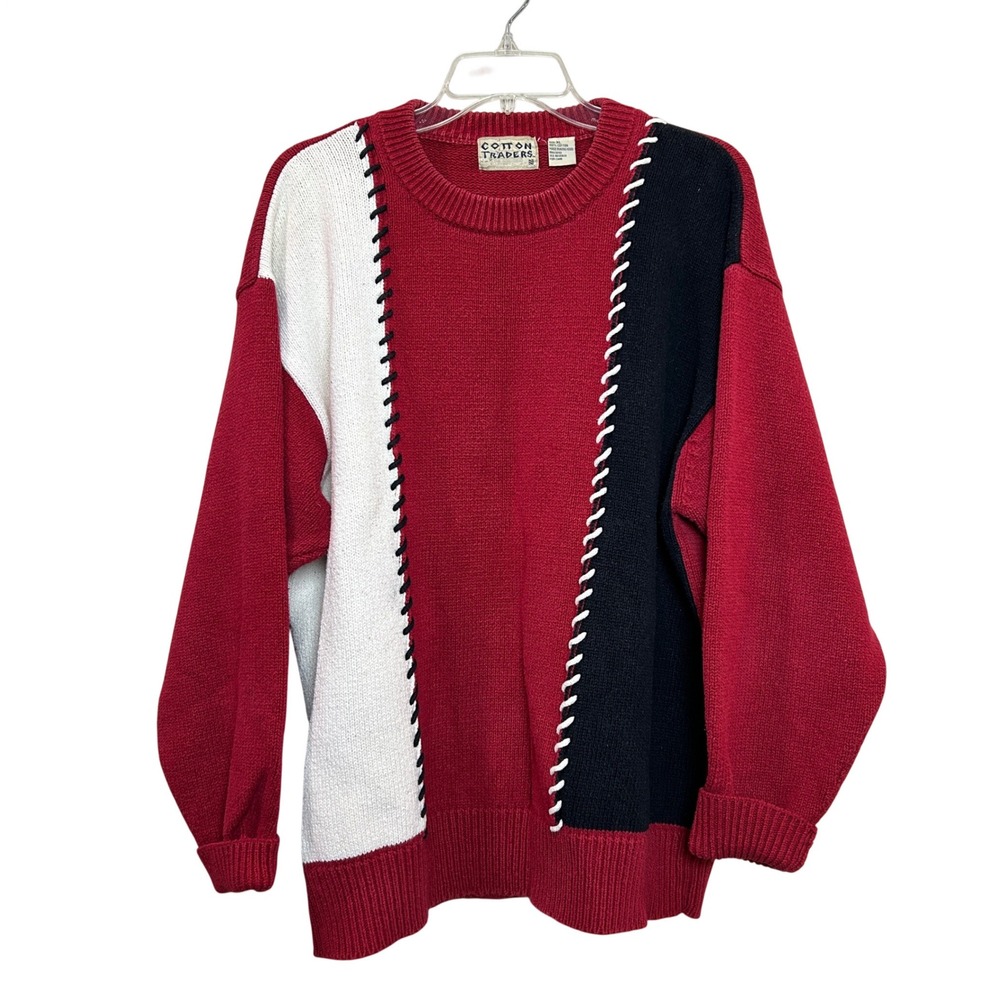 Vintage Sweater Womens XL Red Colorblock Whipstitch Knit Cotton Preppy Coastal